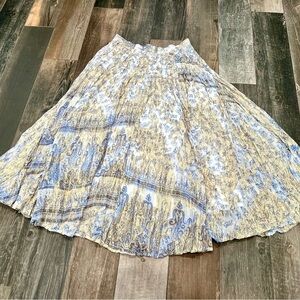 Soft Surroundings Maxi Skirt Blue Gold Silk Metallic Crinkle Pleat Lined Sz M